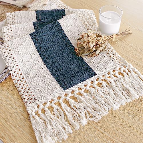 Fexia Boho Table Runner 72 Inches Long Macrame Table Runner Farmhouse Style Cream & Blue Table Runner With Tassels For Party Bohemian Rustic Wedding Bridal Shower Dining Bedroom Decor (12X72 Inches) #TOP16