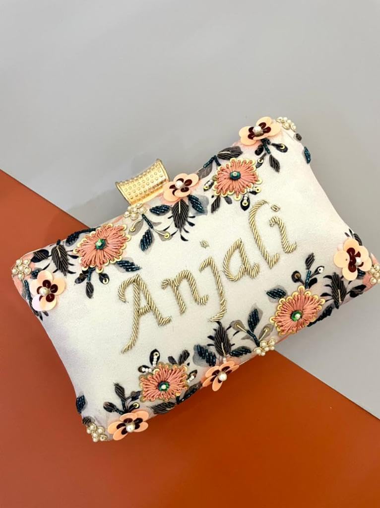 Personalized Custom Clutch Purse for Women, Embroidered Beaded Clutch Crossbody Bag with Gold Chain Strap