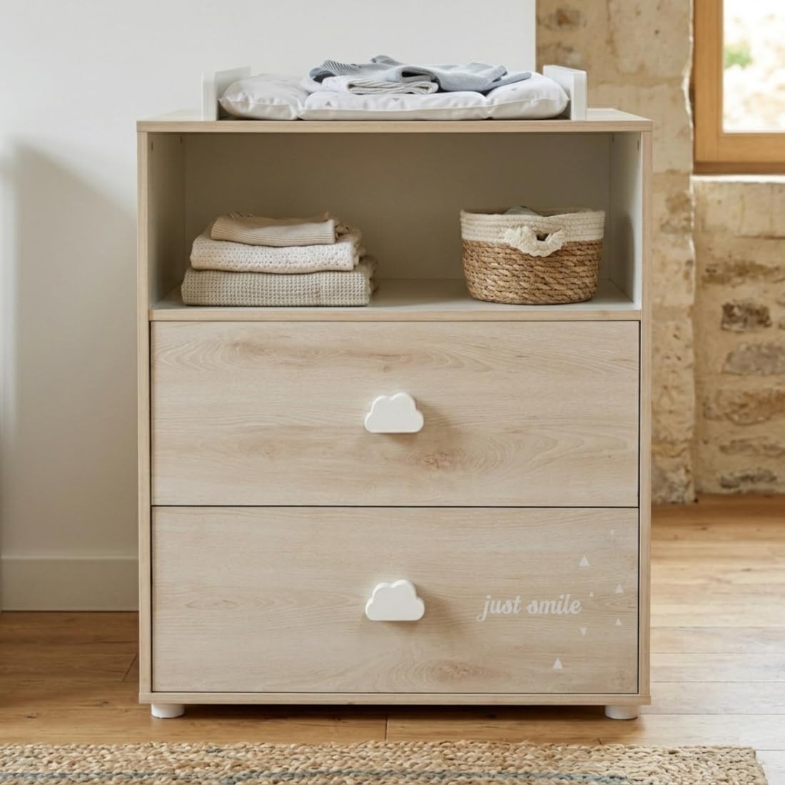 BABY PRICE Commode bébé | Commode 2 tiroirs et 1 Niche | Plan à Langer Inclus | Smile | 76 x 97 x 66cm | Fabriqué en France | Babyprice par Sauthon
