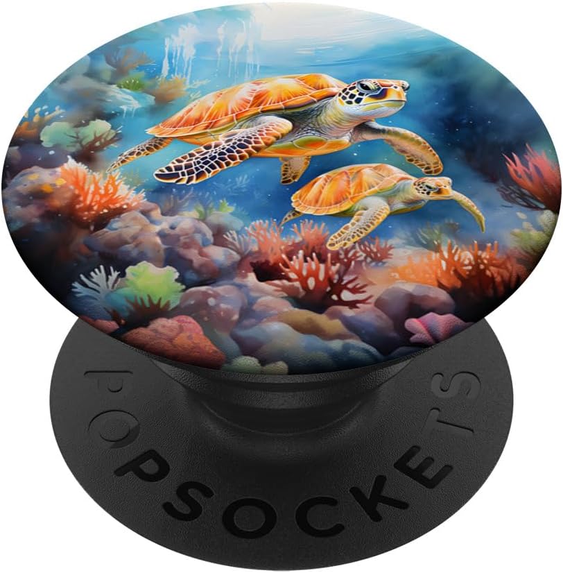 Mom and Baby Sea Turtle Swimming in Coral Watercolor PopSockets MagSafe PopGrip for iPhone