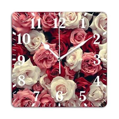 DTOIVSAT Battery Operated Square Wall Clock Non-Ticking Silent Analog Clcoks Decorative for Living Room,Office,Kitchen-Red and Pink Rose Flower Floral Multicolor(16inch)