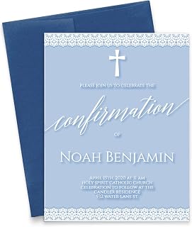 Modern Pink Paper Blue Lace Confirmation Invitations for Boys, Elegant Confirmation Invites, Your choice of Quantity and Envelope Color
