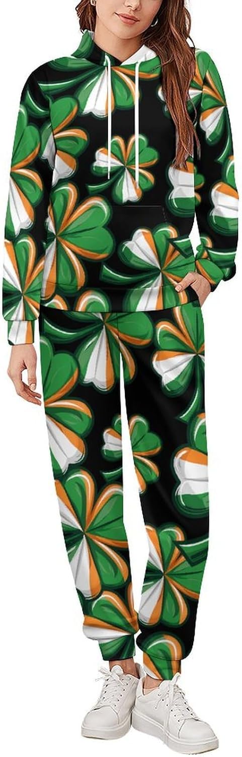 Irish Shamrock Sweatsuits for Women Men Hoodies Pullover Tracksuit Set Lounge Sets Outfits