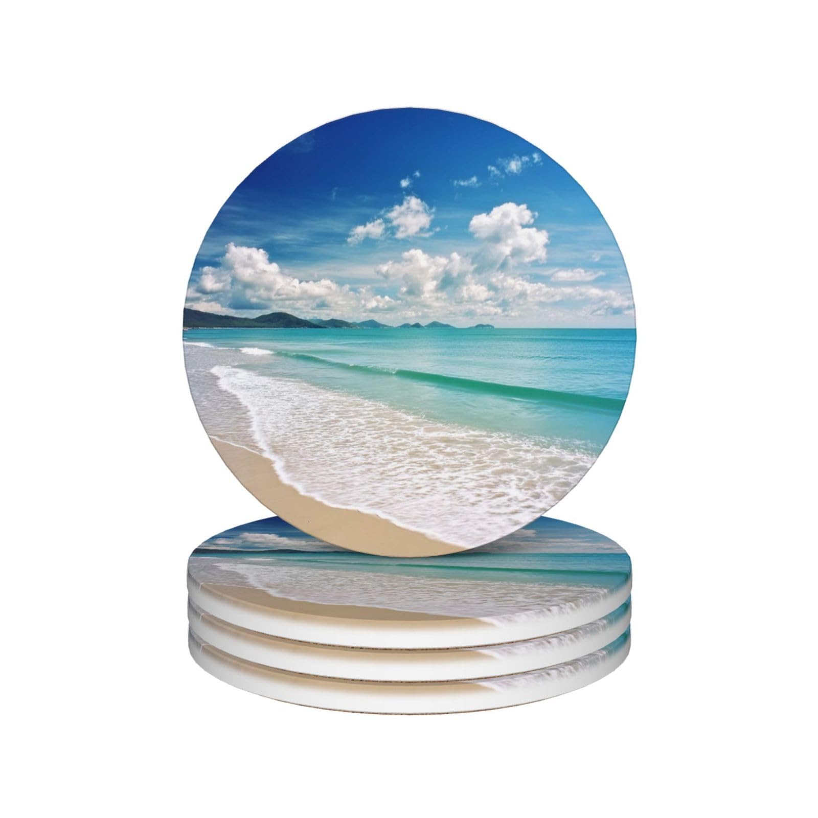 Drink Coasters Set of 4 Coffee Ceramic Coaster Ocean Sea Beach Coasters for Drinks Coffee Cup Mat Heat Resistant Tabletop Protection Coaster Desk Accessorie Home Decorative
