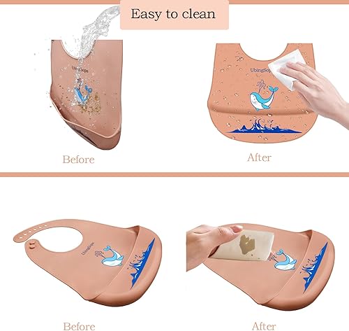 Miniatura 3 de Baberos de silicona para bebés ajustables, suaves, impermeables y duraderos, con gran bolsillo para atrapar alimentos, aptos para la alimentación