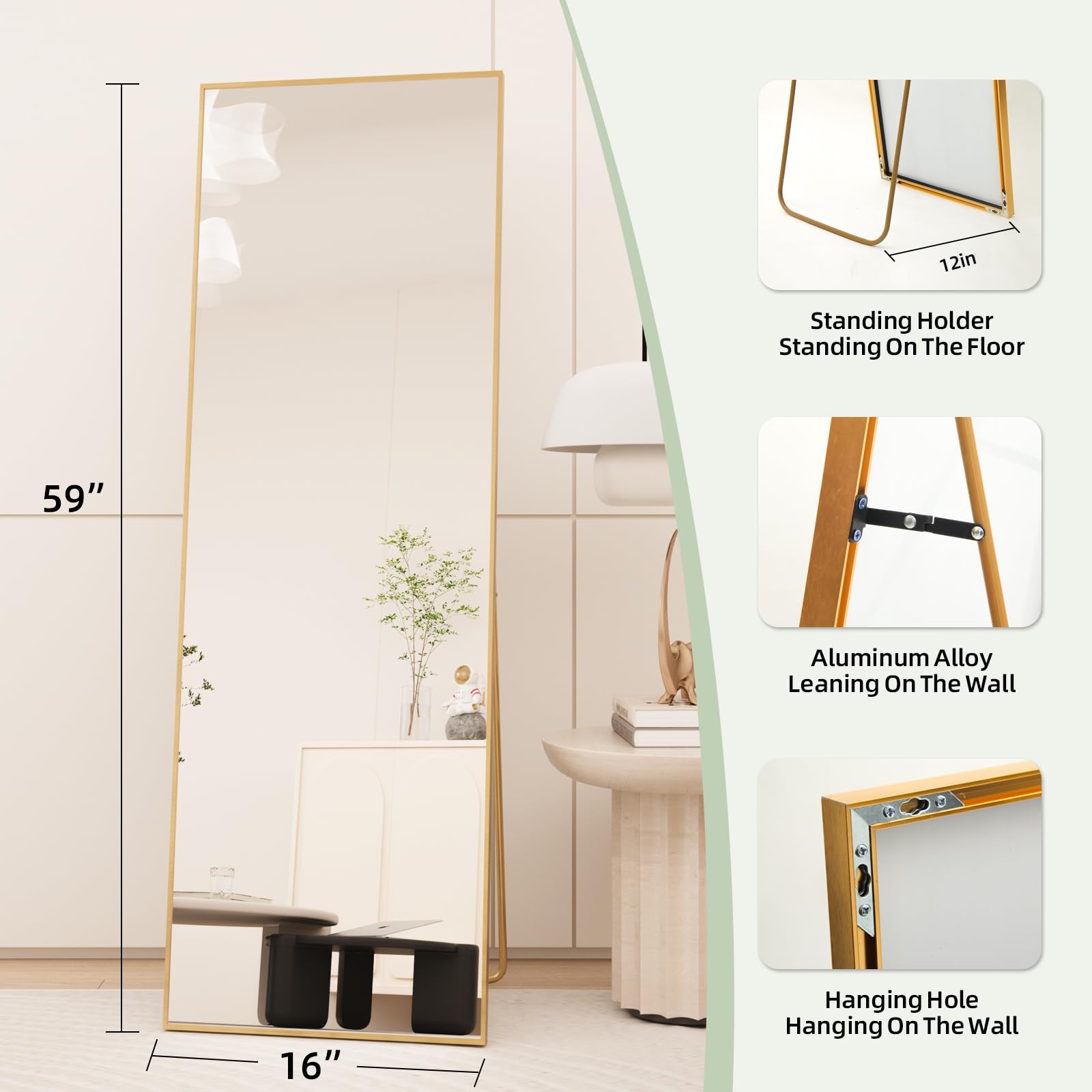 Beauty4U 59" x 16" Full Length Mirror with Stand, Gold Wall Mounting Full Body Mirror, Metal Frame Full-Length Tempered Mirror for Living Room, Bedroom - Gold