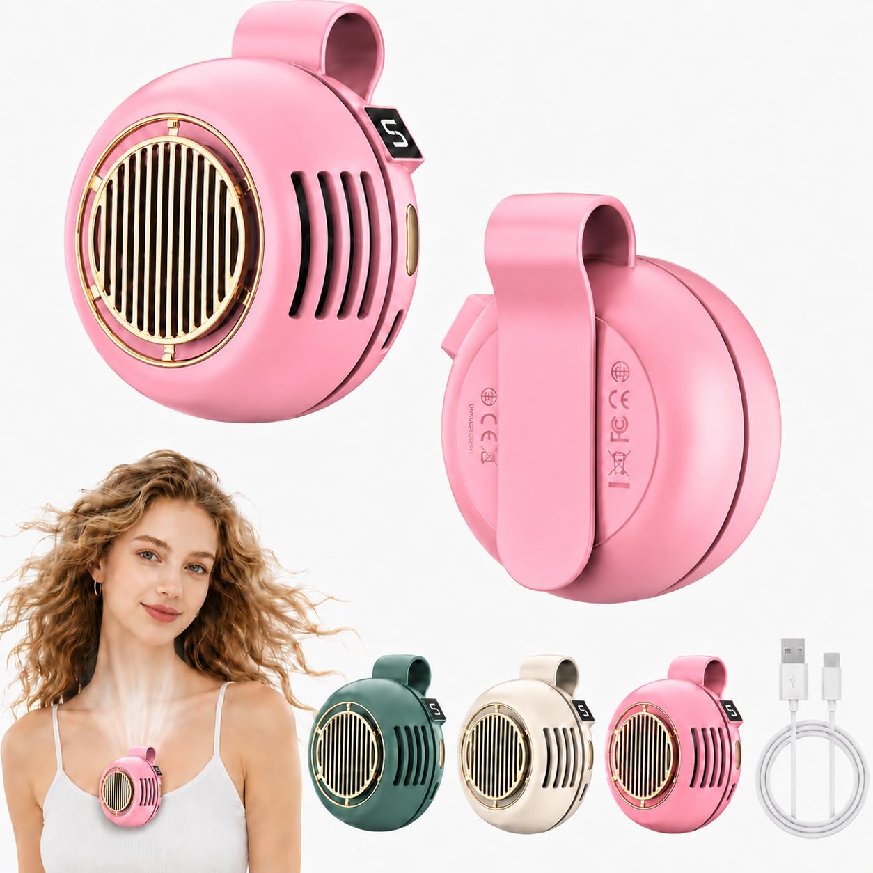 Clip On Fan for Clothes, Wearable Portable Mini Body Fans, 2026 New Hands Free Personal Small Fan for Waist Shirt Neck Hat, Rechargeable Bladeless Cooling Fans for Outdoor Travel Office (Pink)