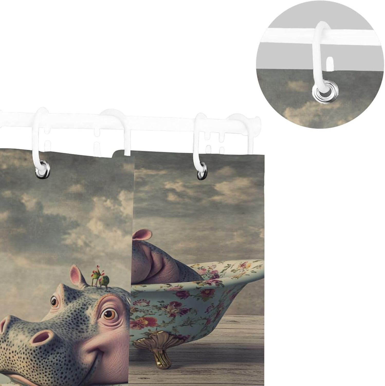 72x72 Inch Water Proof Material Curtain for Shower with Washable Fabric Standard Shower Curtain Liner for Washroom Hippo Vintage Bathtub