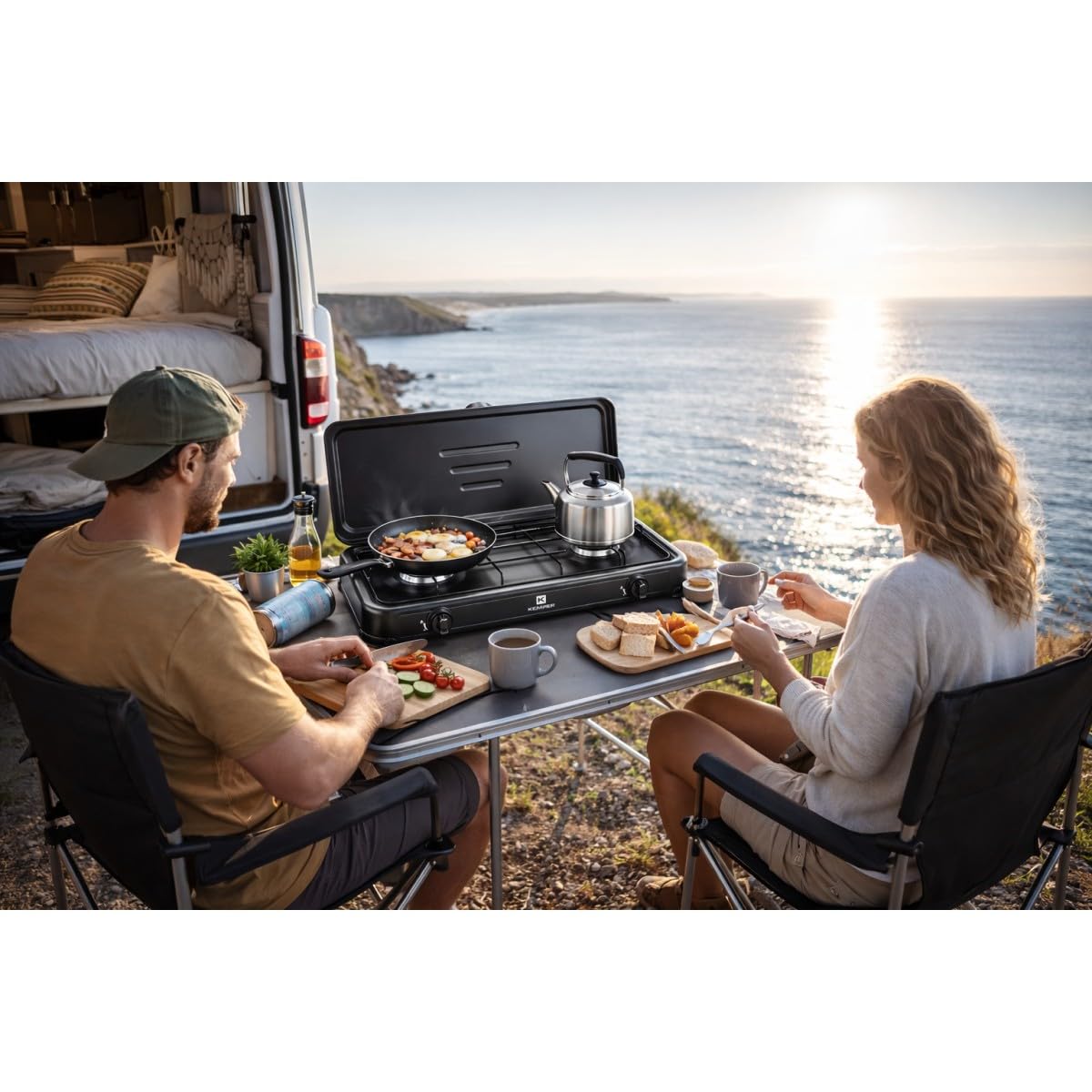 KEMPER - Réchaud gaz portable 2 feux 2600W Noir Couvercle Plaque de cuisson