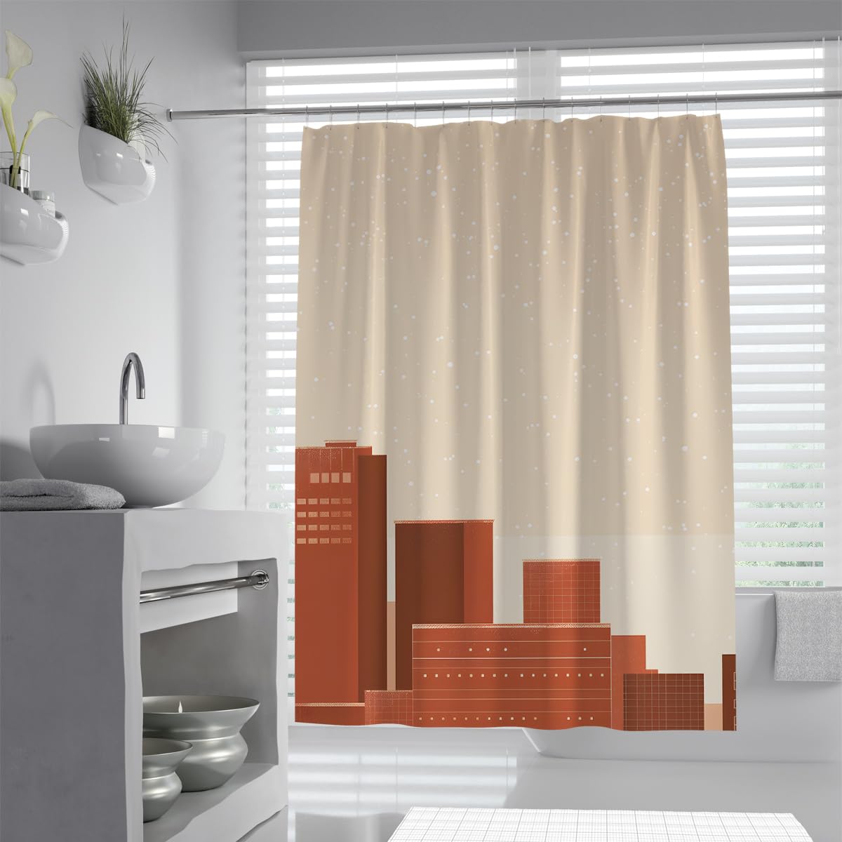 UIRINGART Nordic Shower Curtain W120xL200cm Terracotta Building Beige Sky Art Mildew Mould Resistant Quick Drying Polyester Fabric Lightweight Bathtub Shower Curtains