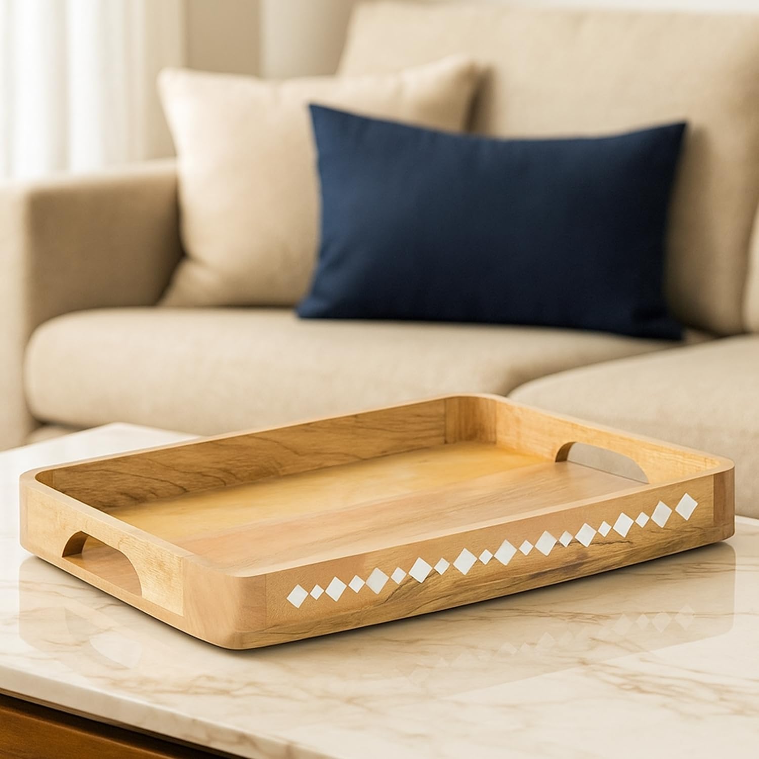 Mela Artisans Wooden Serving Tray with Handles | 15x10x1.75 inch | Mango Wood Decorative Tray | Ottoman Tray | Snacks | Desserts | Breads | Coffee Table | Bedroom | Rounded Edge Design