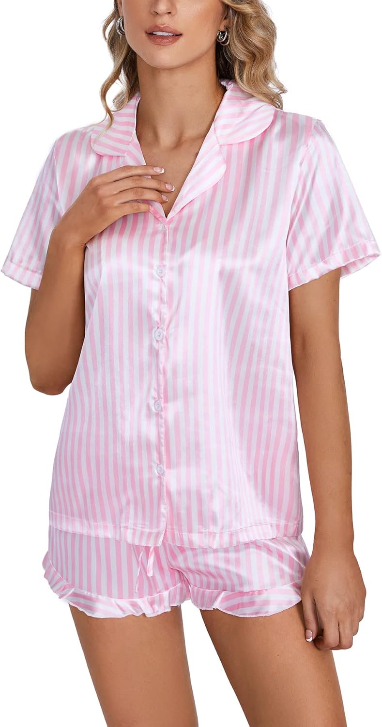 OPOIPIN Women's Satin Pajamas Set 2 Piece Button Down Silk Ruffle Shorts Pjs Notch Collar Sleepwear - Image 5