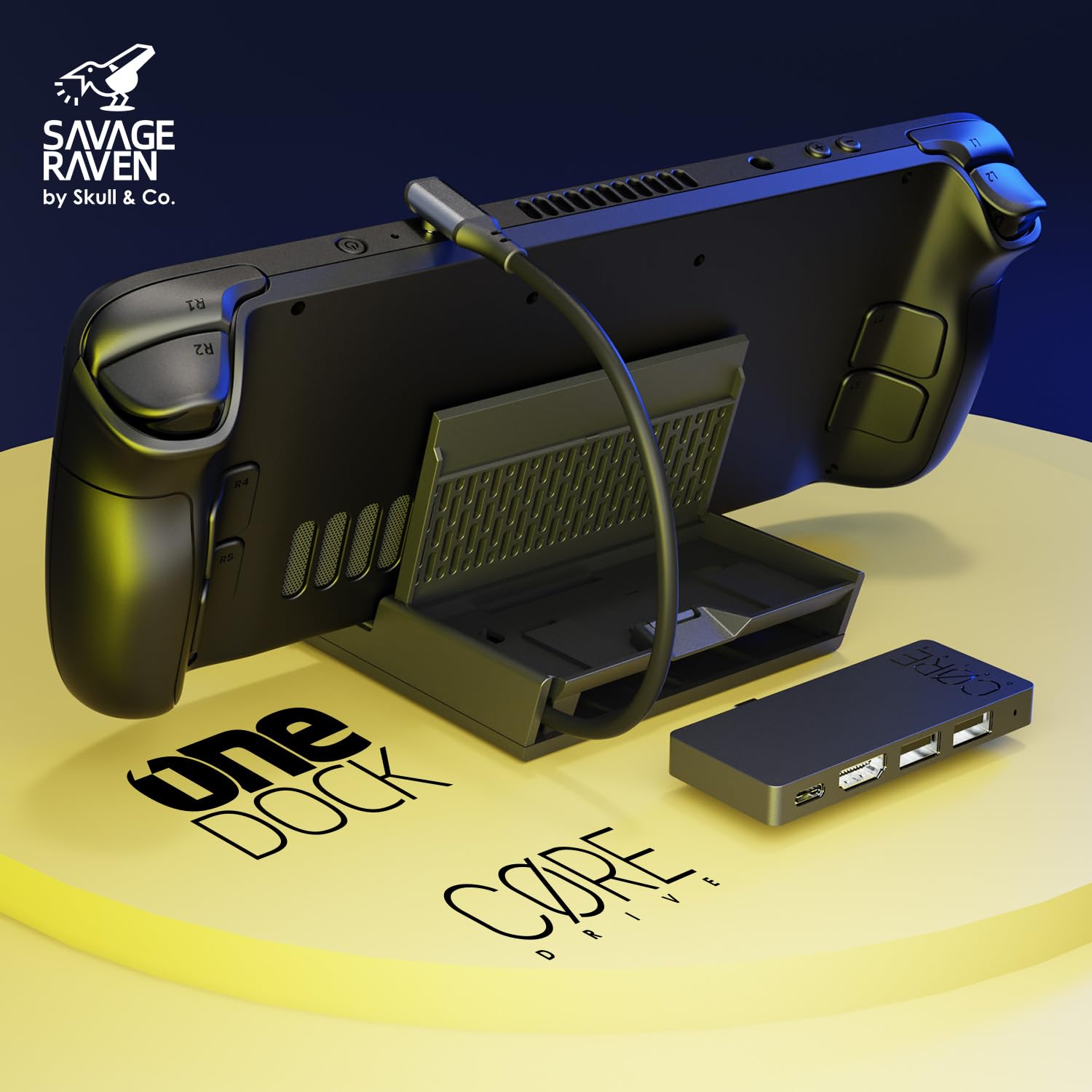 Savage Raven by Skull & Co. OneDock Pro Portable Dock with Detachable USB Hub HDMI TV Adapter for SteamDeck/OLED, ROG Ally/X, Xbox Ally/X, Black, with Extension Cable