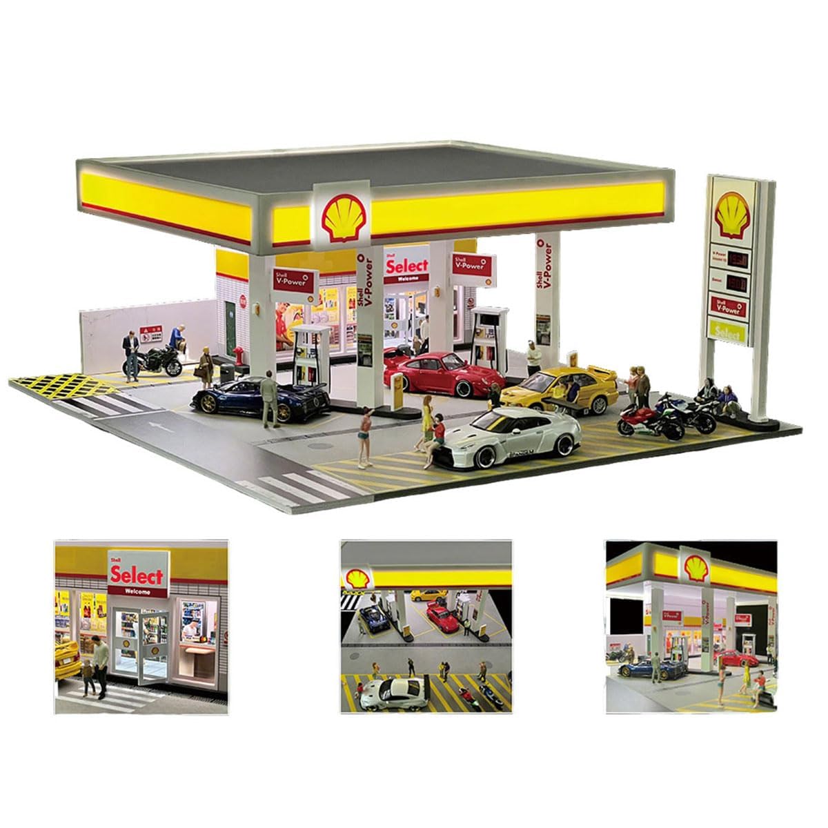 Modèle de station d'essence Shell - Modèle de scène de bâtiment miniature avec éclairage, bouches d'incendie - Poubelle et accessoires - Compatible avec les modèles de voitures miniatures