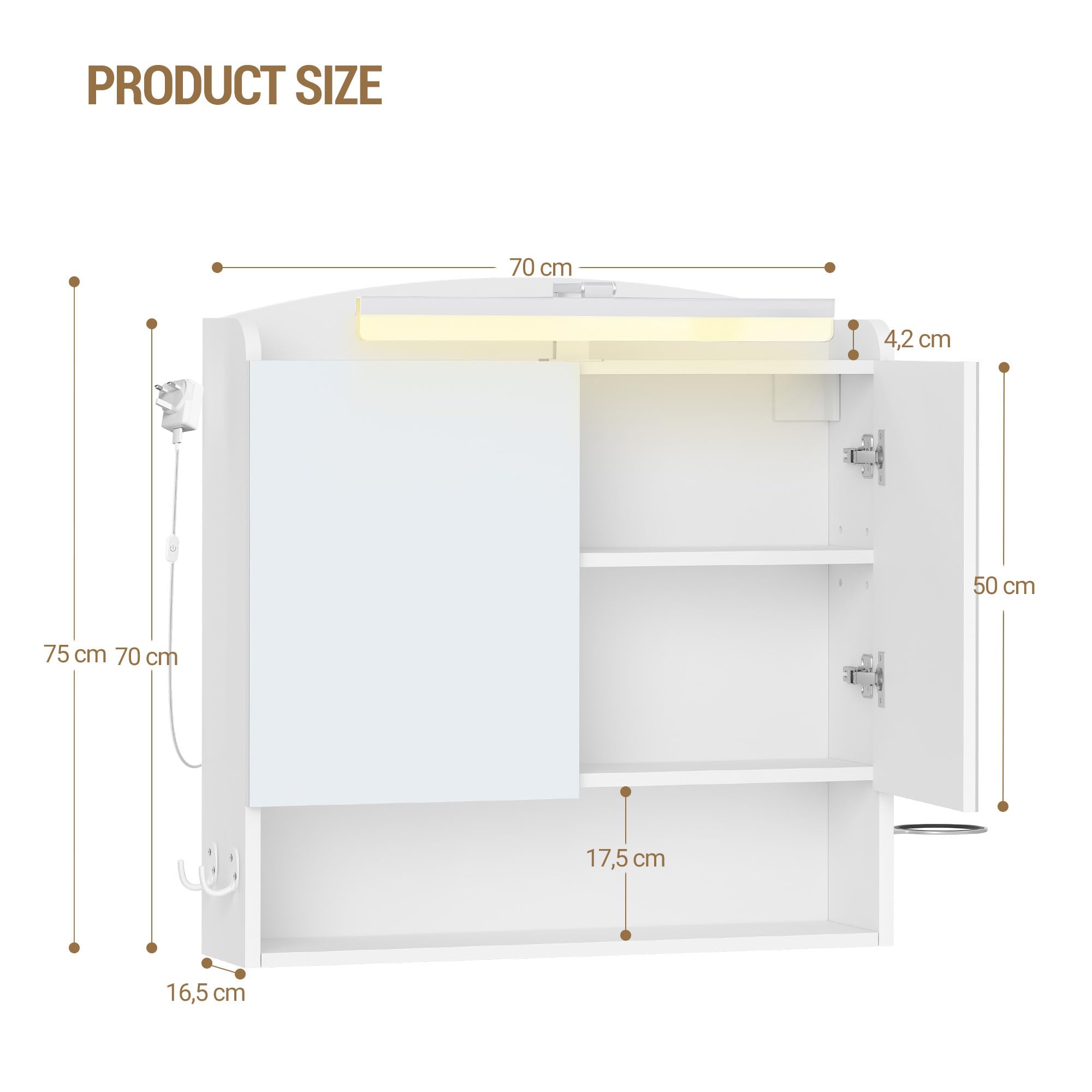 Hzuaneri Bathroom Cabinet with Mirror, LED Lights, Hair Dryer Shelf, Hooks, White, 16.5 x 70 x 75 cm - Image 3