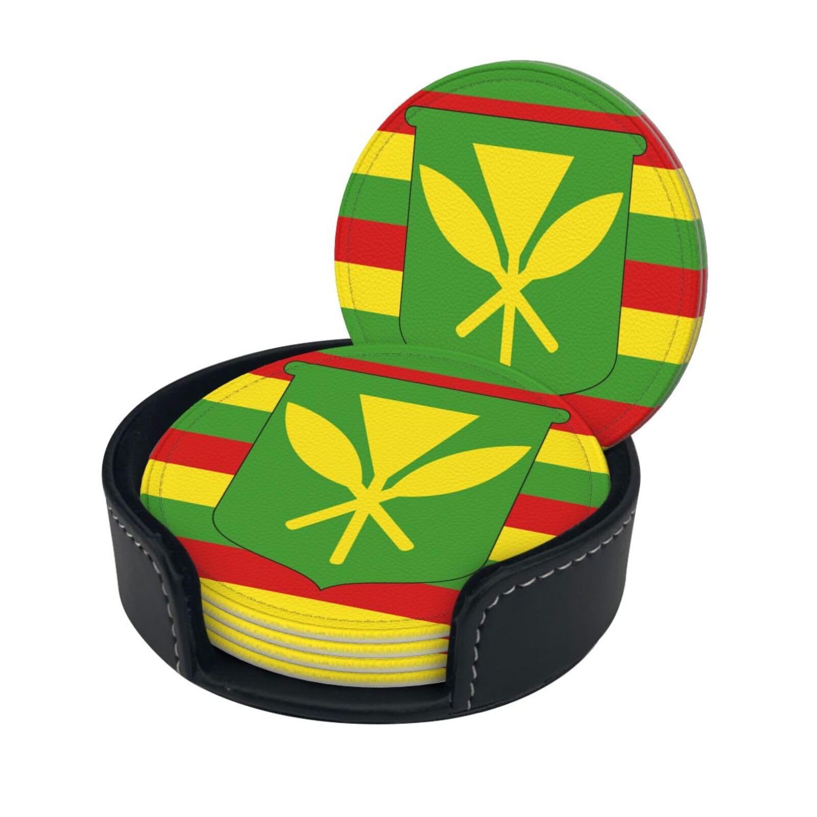 Native Hawaiian Flag Drink Coasters Set of 6 with Holder Decorative Round Cup Coasters for Coffee Table Kitchen Office Bar