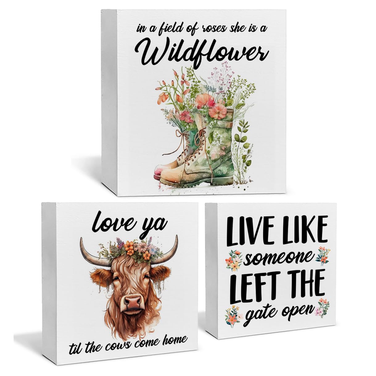 3 Pcs Highland Cow Wood Box Signs Decor for Home Farmhouse Highland Cow Tiered Tray Decor Table Desk Shelf Decoration