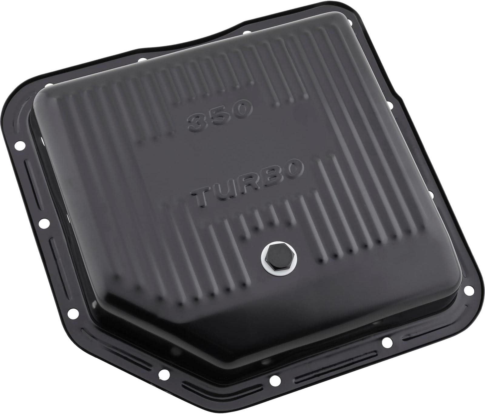 Black Steel GM TH-350 Transmission Pan, 2-Inch Deep, Stock Capacity, Premium Steel Construction, Black Painted Finish, Includes Drain Plug, Durable Replacement Pan