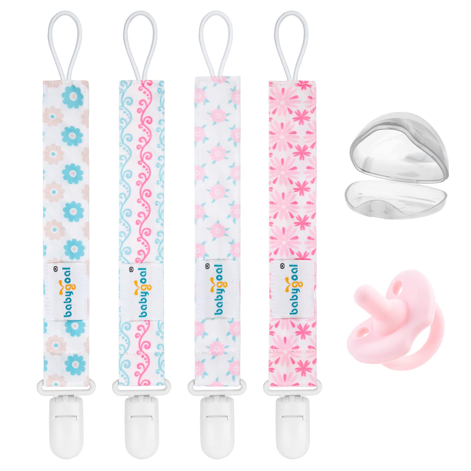 Babygoal Pacifier Clips with Pacifier and Case, 4 Pack Binky Paci Holder and Leash for Boys and Girls Fits for Most Pacifier, Binkie Styles & Baby Teethers & Toys and Gift 4PS08-NZ