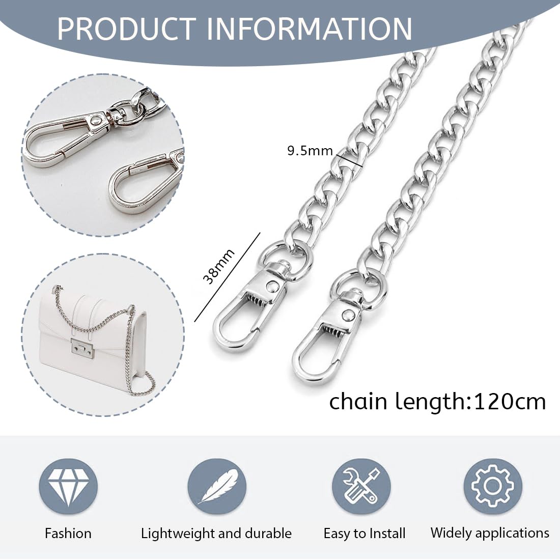 Cadena plateada para bolso, cadena metálica dorada para bolso, 120 cm, adecuada para bricolaje, bolsos, cadenas para bolsos de mano, cadenas de repuesto para bolsos de hombro.