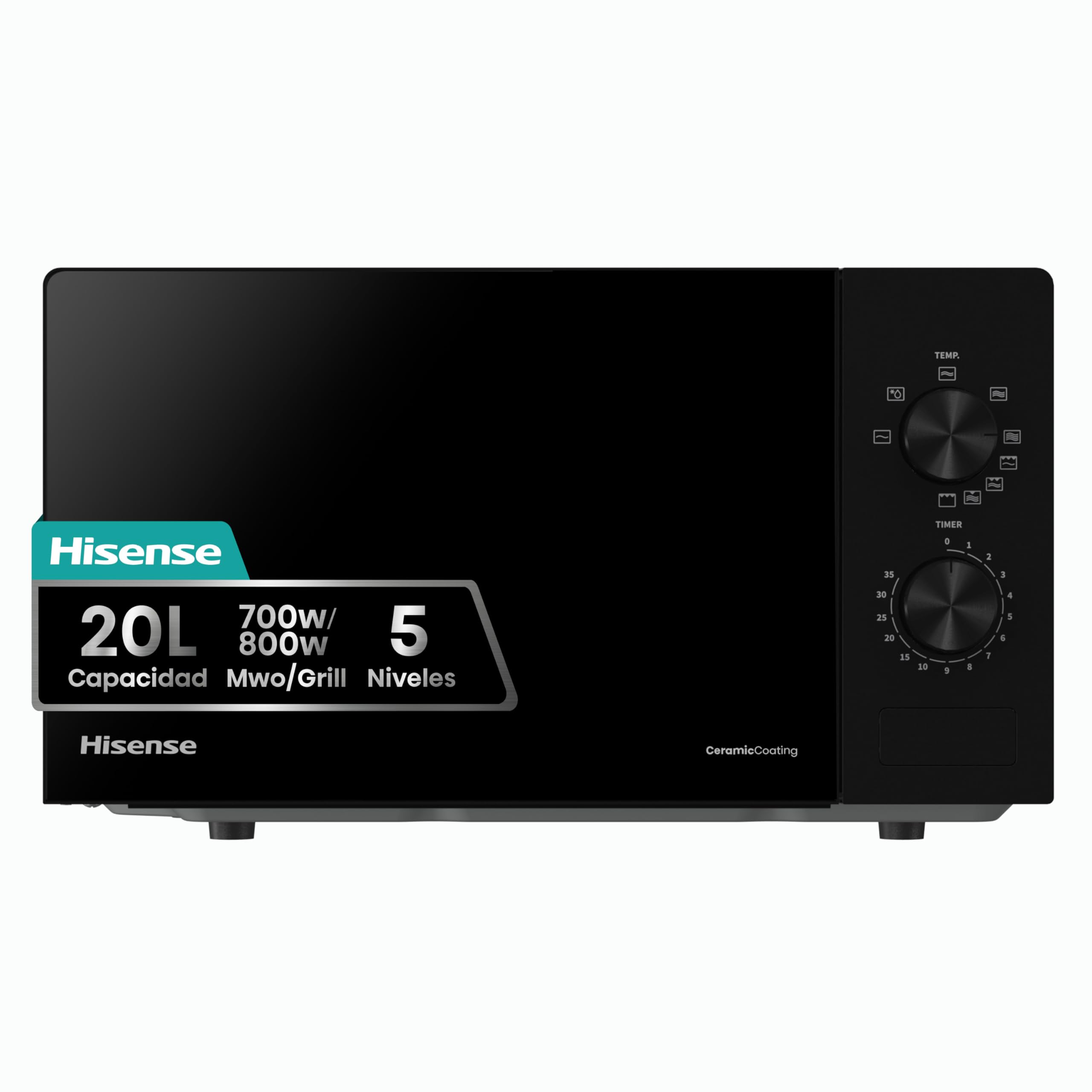 Hisense H20MOBP1G - Microondas con Grill 20 L, 700 W de Potencia, 800W Grill, Revestimiento Cerámico, Cristal Premium, 5 Niveles, Fácil Limpieza, Temporizador cocción, Negro
