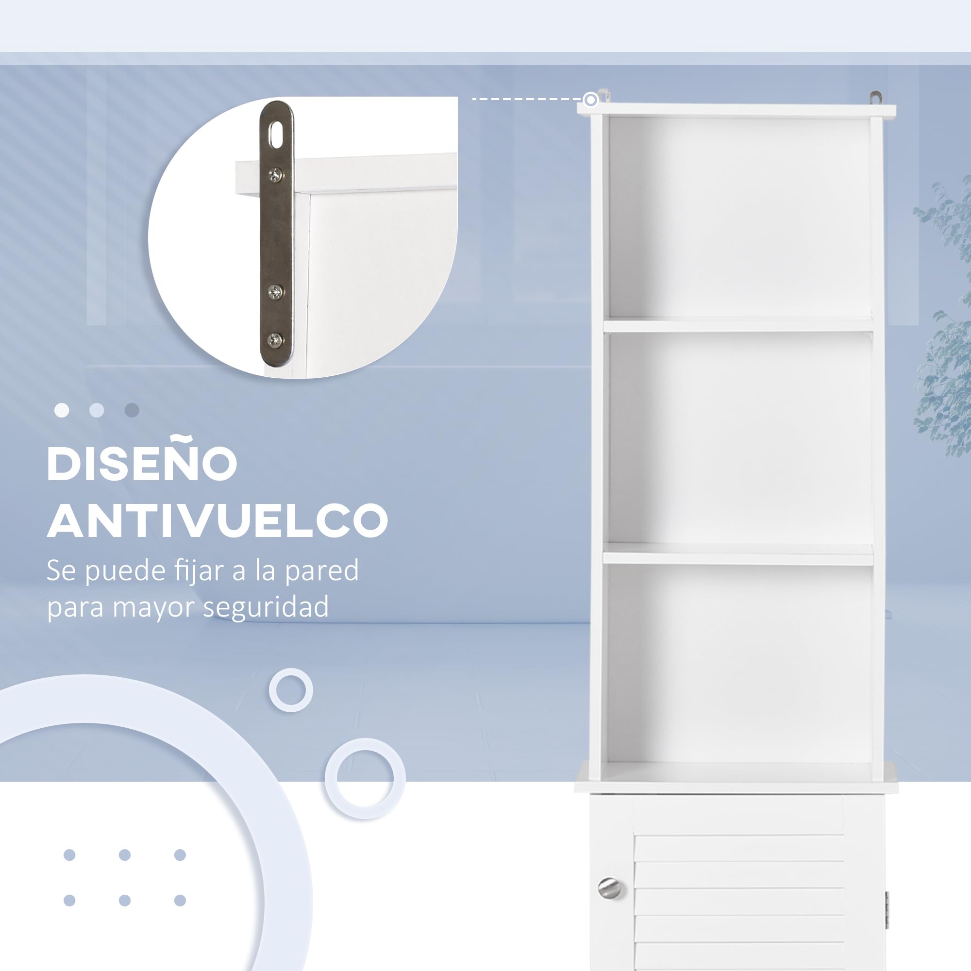 HOMCOM Armario Alto de Baño con 1 Puerta 3 Estantes 34x20x165 cm Blanco | Abiertos, Balda Interior Ajustable, Mueble Auxiliar de Almacenaje, para Salón, Aseo, Dormitorio