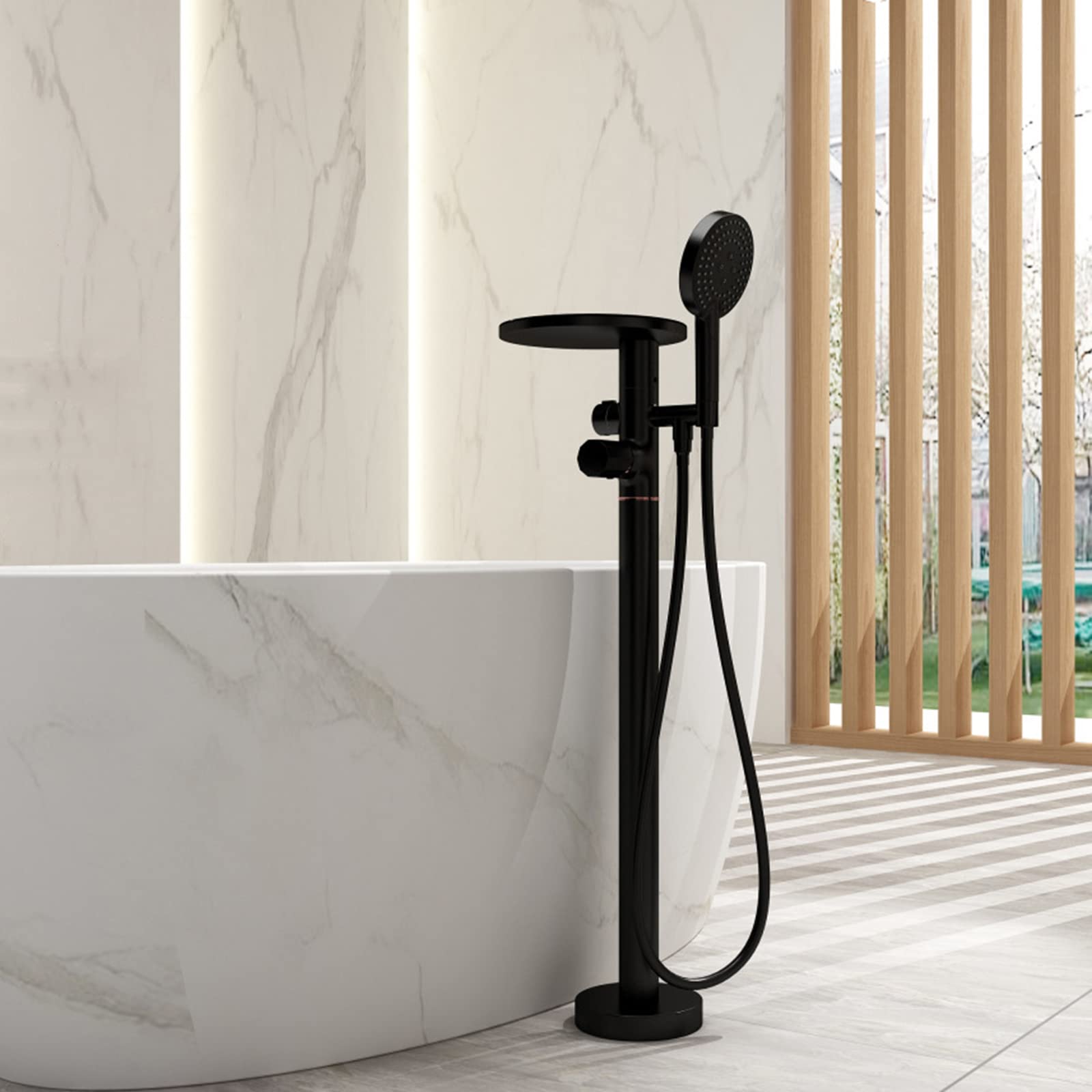 Grifo de bañera Independiente con caño en Cascada Grifos de baño con Ducha mezcladora Grifo Mezclador de baño con Ducha de Mano Grifo de Ducha de baño,Negro A
