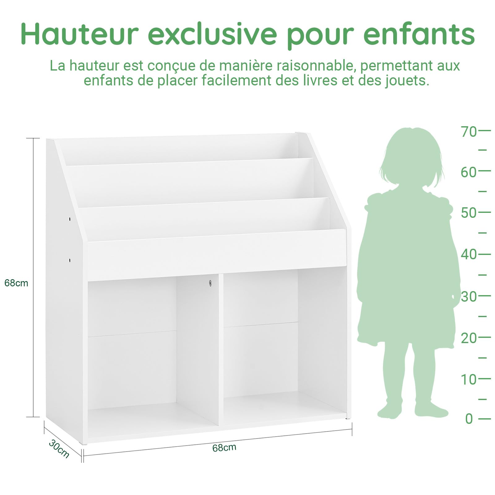 SoBuy Bibliothèque Enfant Rangement Jouet Enfant avec 3 Étagères et 2 Compartiments Ouverts Meuble Rangement Jouet Étagère Bibliothèque Porte-revues Blanc 68x30x68 cm KMB01-II-W