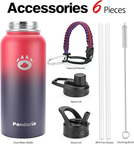 Miniatura 2 de Botella de agua aislada de 32 onzas con tapas y pajillas, de acero inoxidable, para exteriores, botella de boca ancha para bebidas frías y