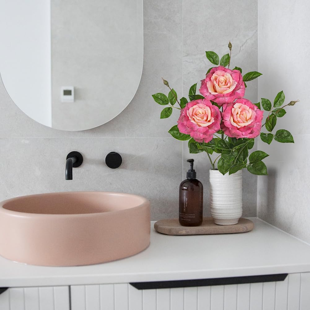 Hollyone 3Pcs Pink Roses Artificial Flowers Bouquets 26.3" Fake Flower Arrangements Silk Flowers Rose with Long Stem Floral Branch Faux Roses Flowers DIY Wedding Party Table Centerpieces Home Decor - Image 8