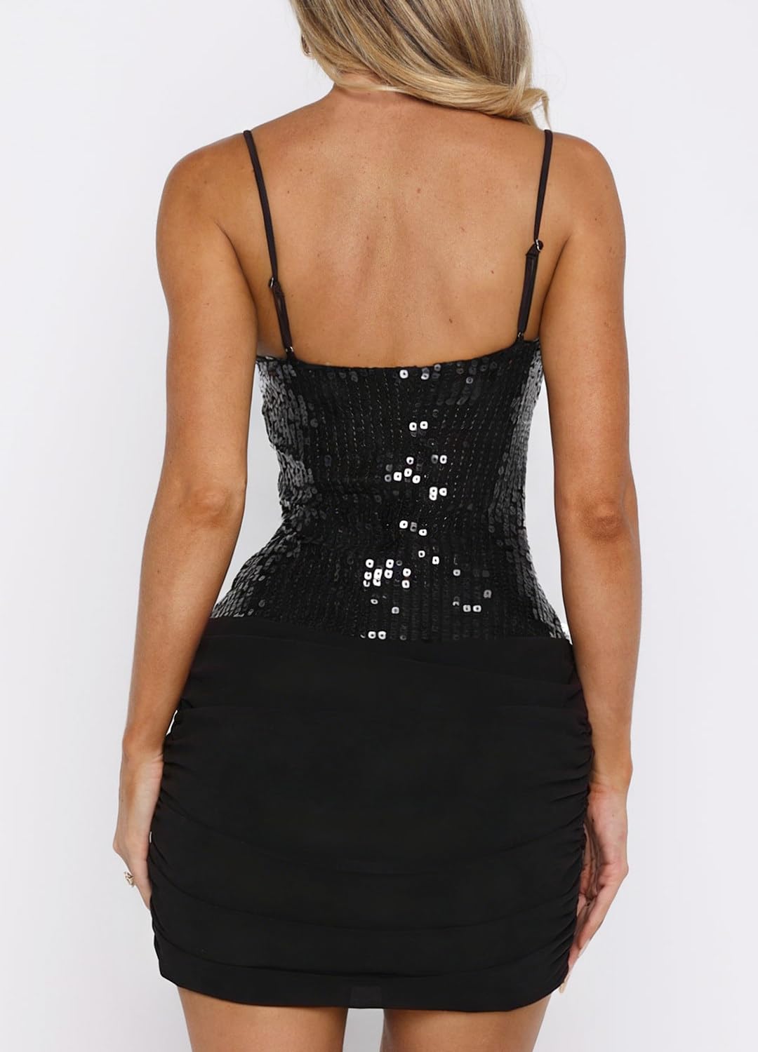 Mini abito da donna con paillettes, taglio basso, scollo a U | Abito aderente con spalline sottili, per feste di compleanno, cocktail, tinta unita, design increspato