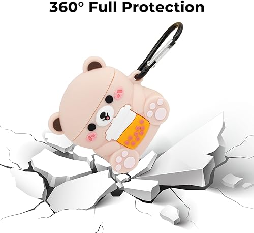 Miniatura 7 de Mouzor Linda funda para Airpods 2, diseño de oso de té Boba para Airpods 2, diseño de animales 3D de dibujos animados, suave, PVC, a prueba de