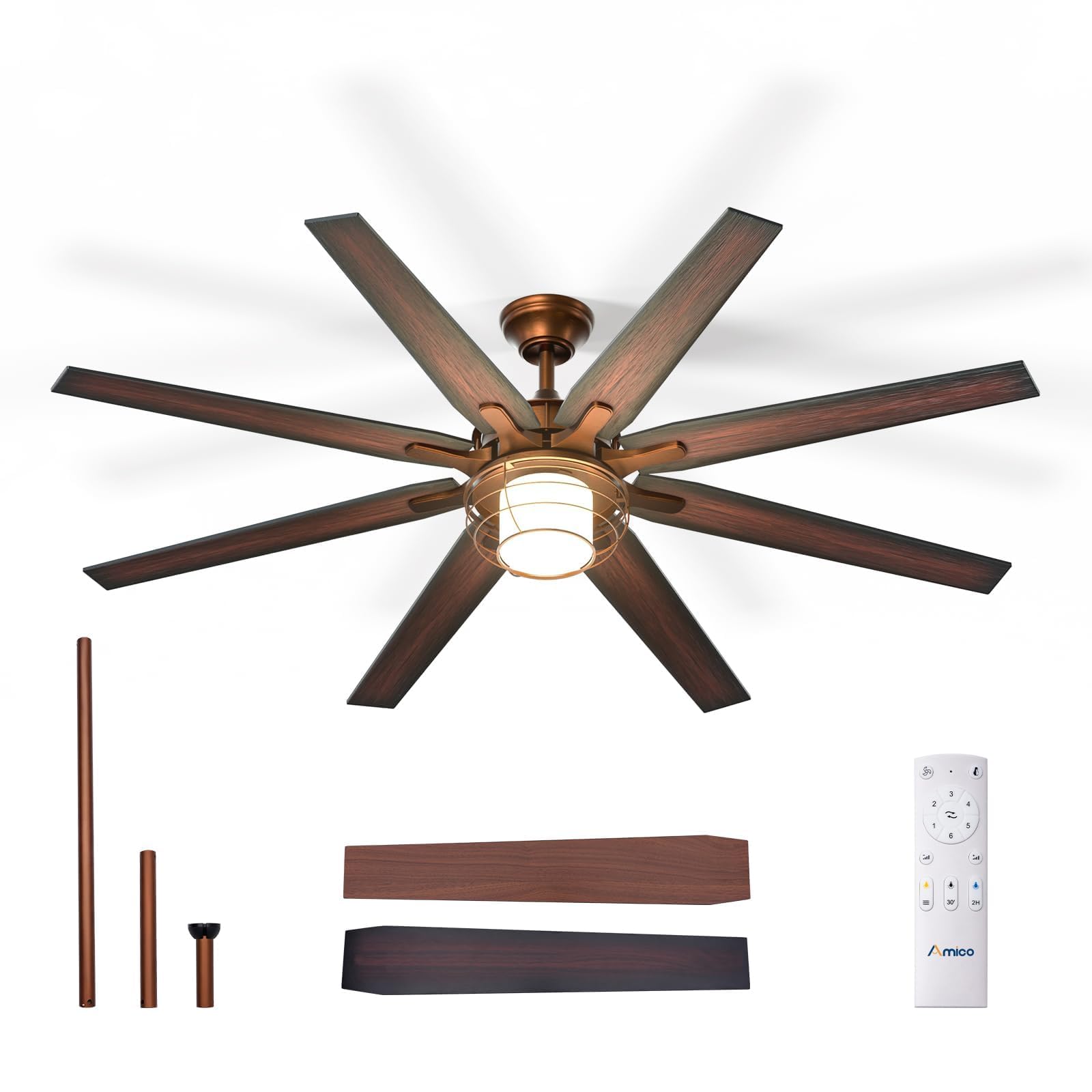 Amico Ceiling Fans with Lights, 66'' Indoor/Outdoor Bronze Ceiling Fan with Remote Control, Reversible DC Motor, 8 Blades, 3CCT, Dimmable, Noiseless, Vintage Ceiling Fan for Bedroom, Farmhouse