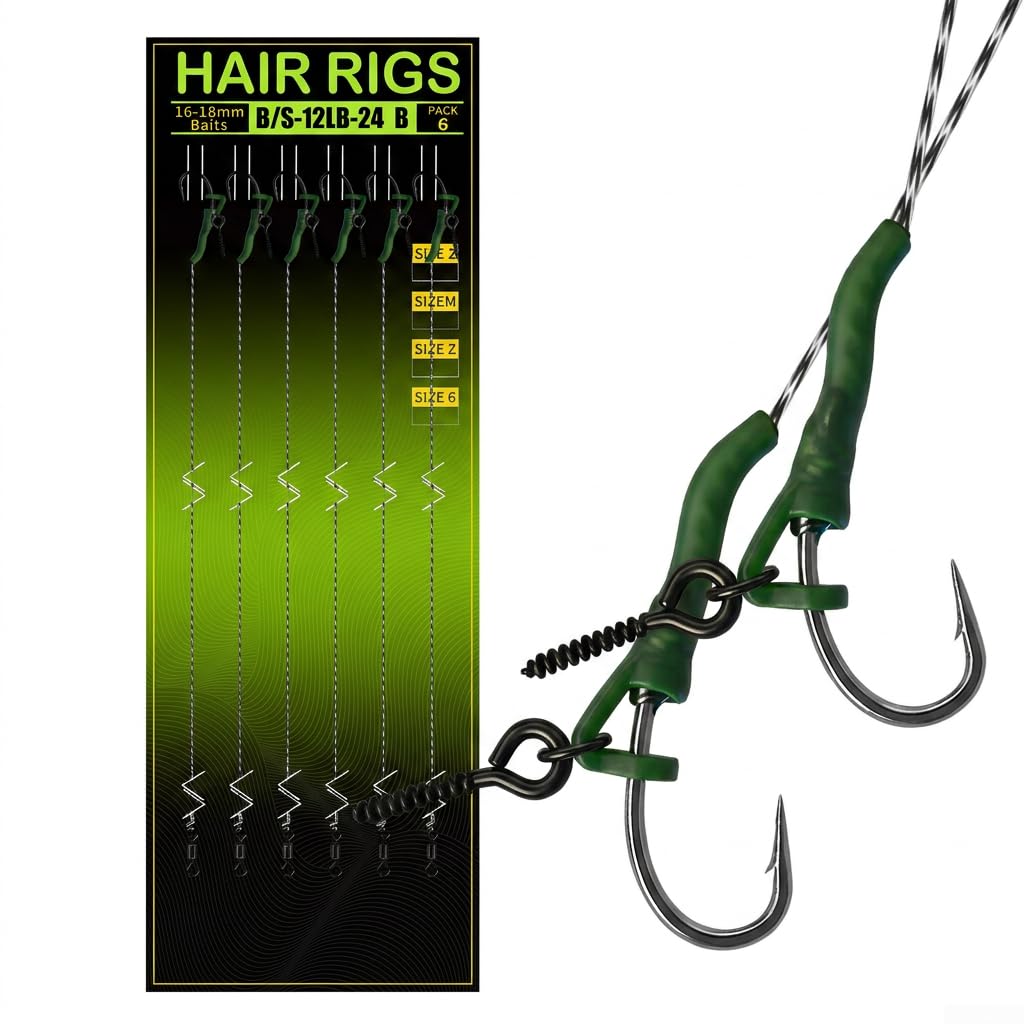 6pcs Pre Tied Carp/Fishing Hair Rigs/, Barbed Deflector Anti Twist Hooks/in Stainless Steel/, Green Coated Line Terminal Tackle for 16-18mm Baits/(4)