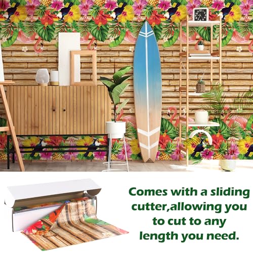 Image of Kochorie 100 Ft X 54 Inch Hawaiian Luau Party Tablecloth Roll with Cutter Box, Disposable Plastic Hawaii Tiki Totem Table Cover, Aloha Tropical Floral Table Decorations for Summer Beach Pool Birthday