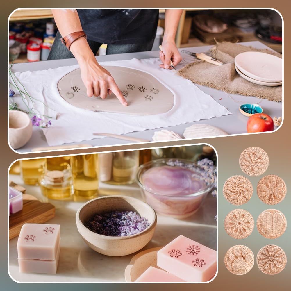 OLYCRAFT 7 pièces Outils de Poterie en Bois Timbres Colonne Timbres en Bois Timbres en Bois Naturel avec des Motifs Mixtes pour Argile Cadeau D' Anniversaire de Noël, 50 x 20 mm (2