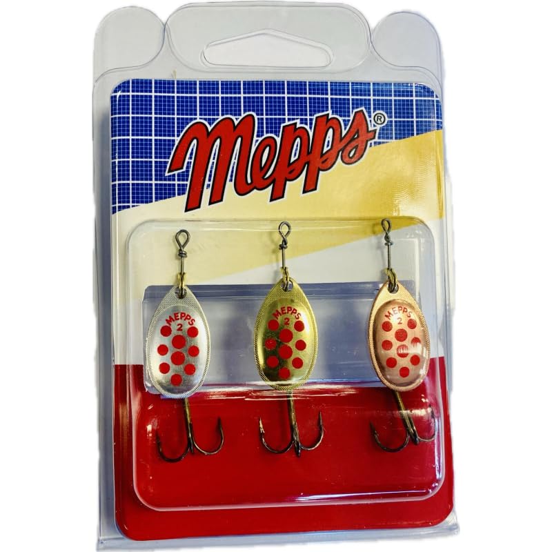 MEPPS - Kit de 3 Cuillères AGLIA N°2 - Idéal pour la Truite et Autres Carnassiers - Motif Points Rouge - 1x Argent 1x Or 1x Cuivre - 4,5gr (N°2)