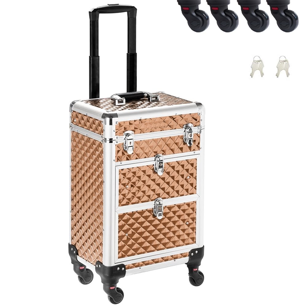 BAKAJI Maleta de maquillaje profesional, neceser esteticista portátil, maletín porta maquillaje con textura oleográfica triangular y ruedas desmontables, maletín organizador maquillaje viaje, dorado,