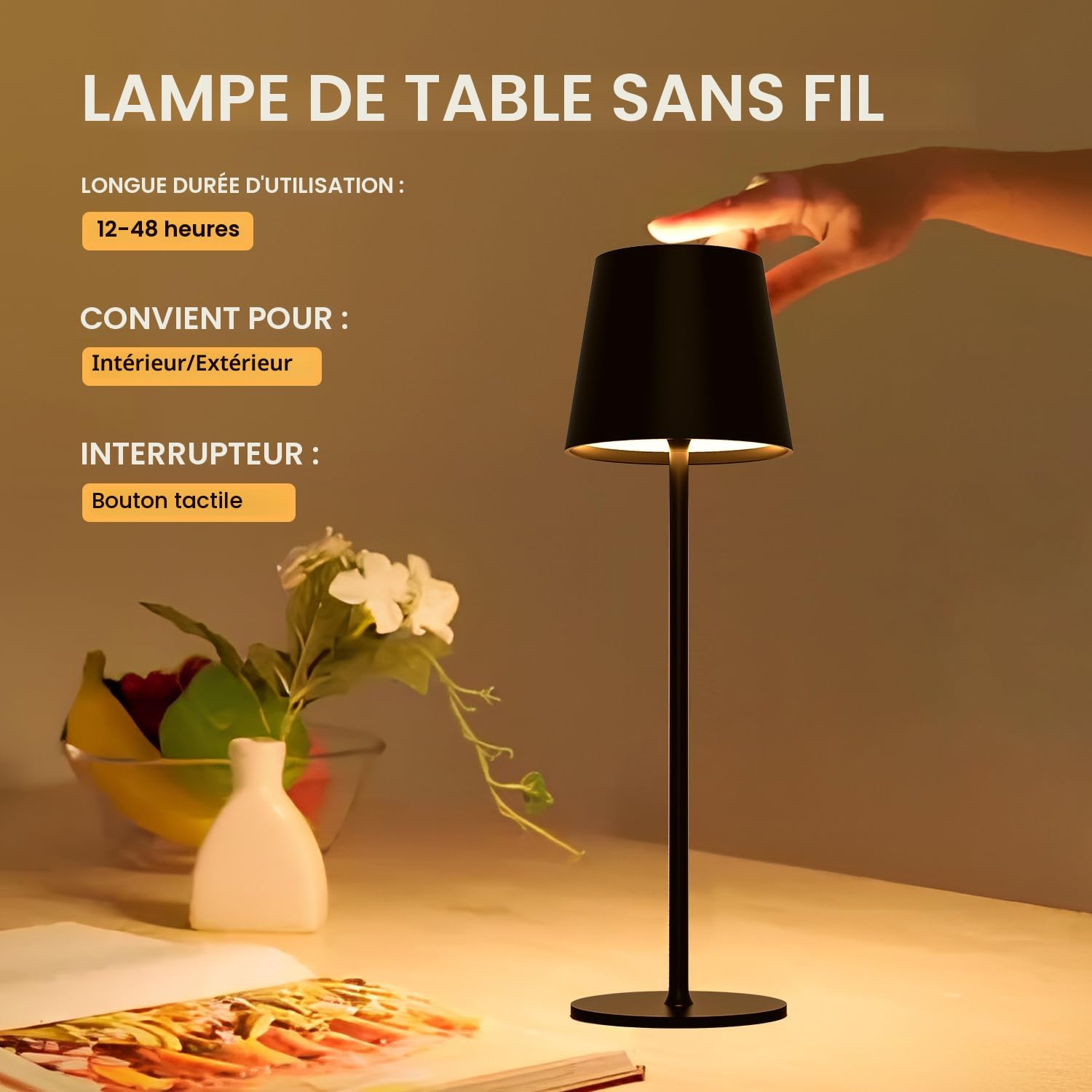 Lampe de Table à Batterie LED Dimmable, Lampe de Table Sans Fil Tactile avec USB-C, Lampe de Bureau à Batterie Rechargeable LED en Métal pour Extérieur et Intérieur, Aluminium, IP44, 5600mah, 5W, Noir