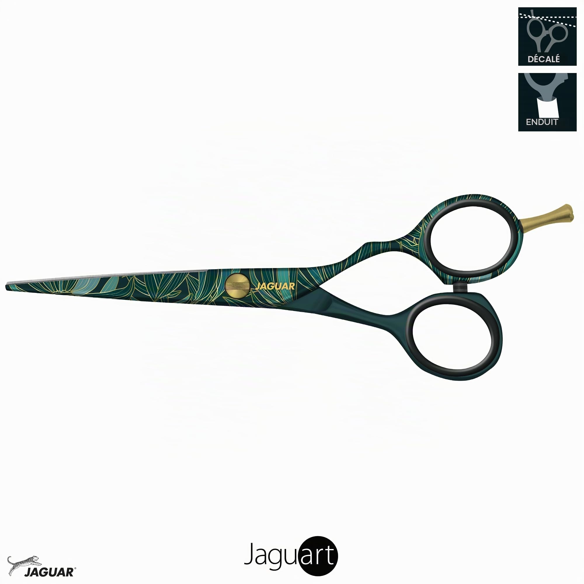 JAGUAR Ciseaux à cheveux JaguART EXOTIC ISLAND 5.5" | Ciseaux de coiffeur en design offset | Revêtement high-tech anti-allergénique et résistant en qualité photo | Fabriqués en Allemagne