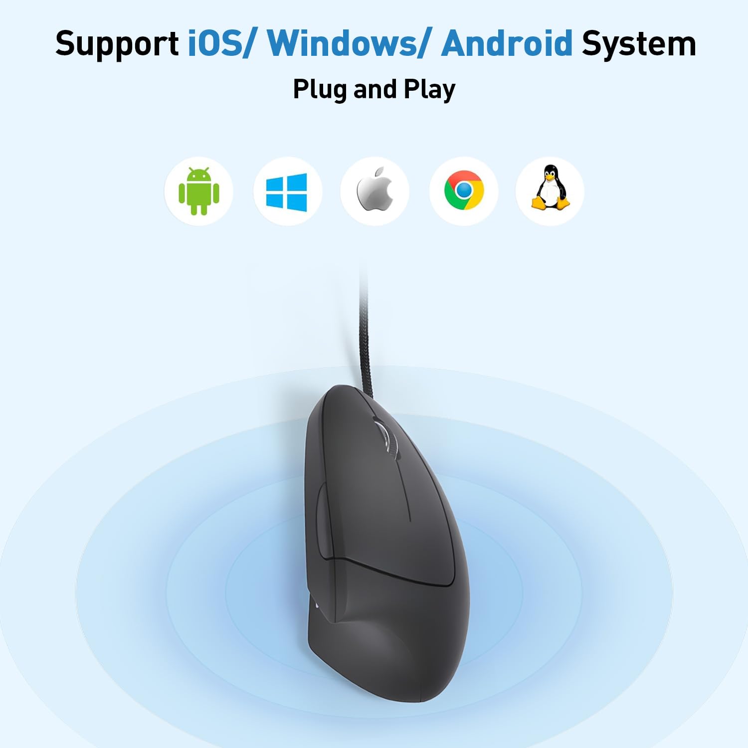 Mouse ergonomico cablato, mouse verticale cablato USB con DPI regolabile 800/1200/1600, 6 pulsanti, mouse ergonomico per laptop/PC/desktop, nero