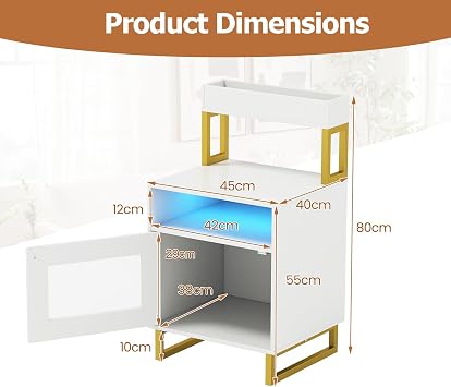 COSTWAY Bedside Table with LED Lights, Smart Nightstand End Sofa Side Table with Top Tray, Open Compartment & Storage Cabinet, Bedside Cabinet Chest for Living Room Bedroom (1, White)