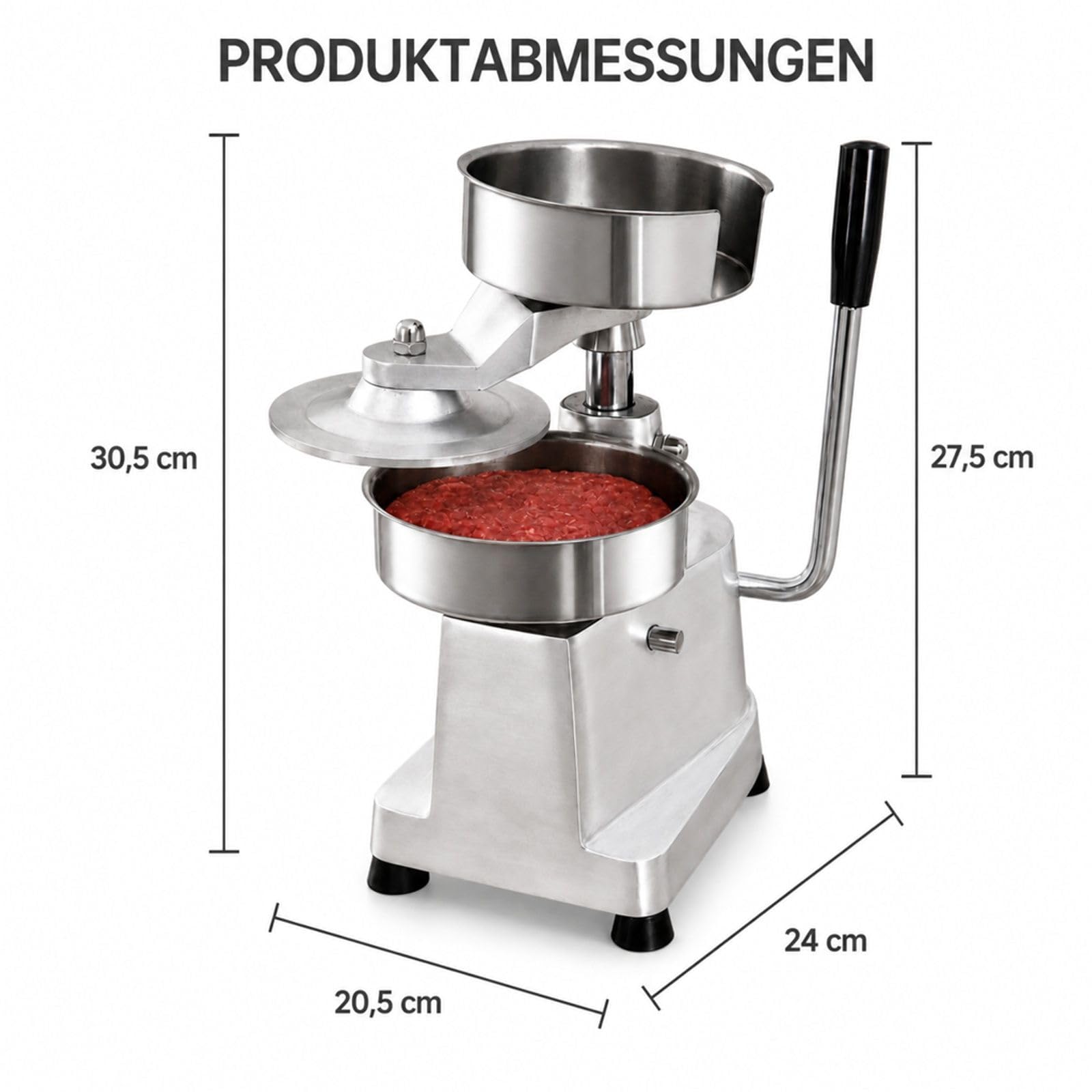 Manuelle Burgerpresse aus Edelstahl mit Griff, Patty-Papier und Handschuhen für Küche, Grillen und Picknick