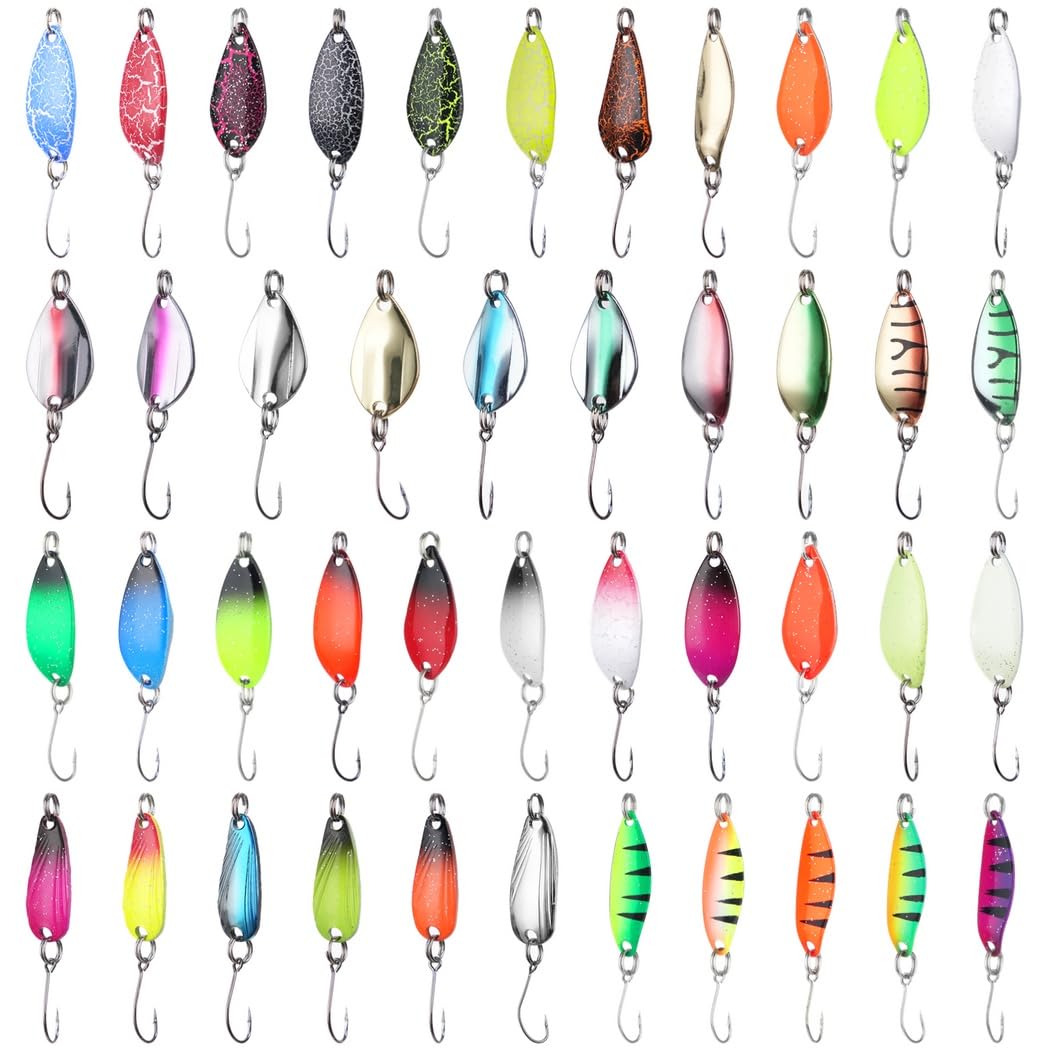 Lot de 43 appâts pour Truite, cuillers avec boîte de Rangement, 2 g, 2,5 g, 2,6 g et 3 g, cuillers tournantes pour pêche à la Truite, hameçon Simple à Paillettes pour brochet, Sandre, Perche