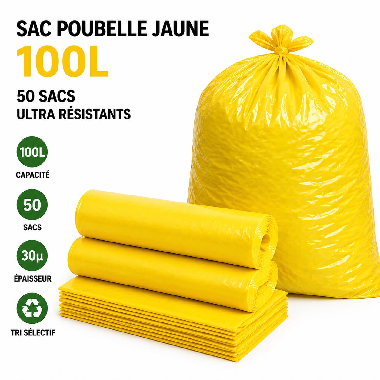 Bolsa de basura amarilla 100 l | 50 bolsas de basura de 100 litros (2 rollos de 25 bolsas amarillas) | Muy resistente (30 µ) e impermeable | Residuos no alimentarios | Cierre de enlace para atar |