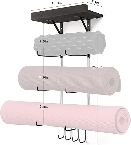 Miniatura 3 de Bikoney Soporte para esterilla de yoga de montaje en pared, accesorios de gimnasio en casa con estantes flotantes de madera y 4 ganchos para colgar