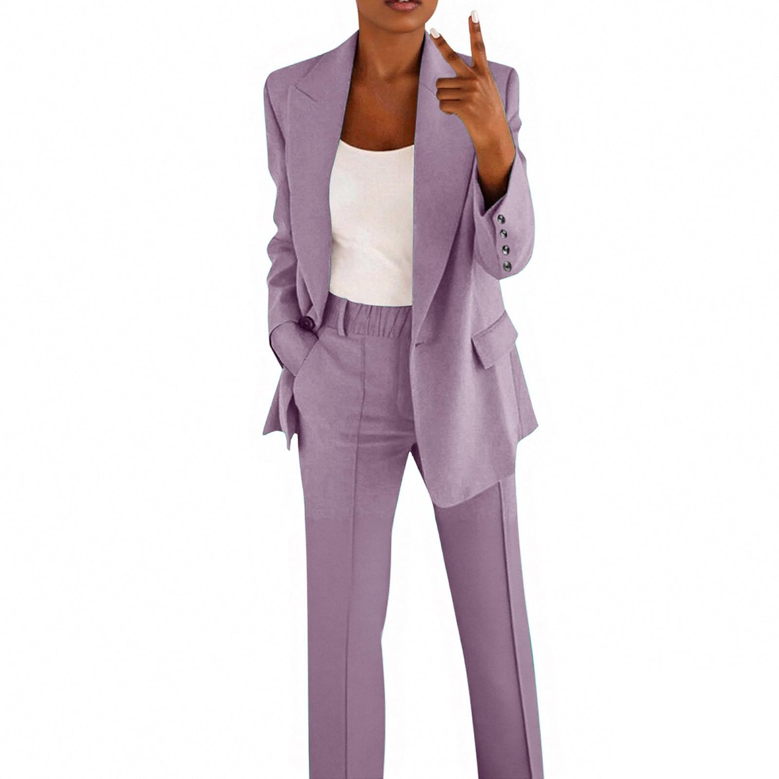 Generisch Traje de pantalón para mujer, elegante, de dos piezas, color liso, traje de ocio, chaqueta de traje y pantalones de traje, solapa, traje de oficina, pantalón blazer de 2 piezas, manga larga