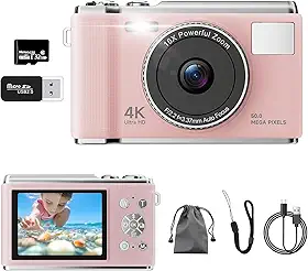 4K HD 50MP Professional Digital Camera for Vlog, 16X Zoom, Anti Shake, LED Screen and 32GB Card (rosa)