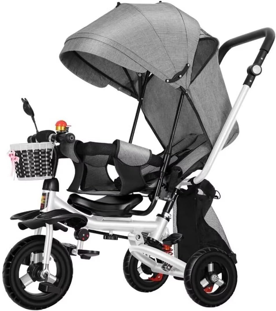Children's Tricycle for sit and Lie Down,Multifunctional Toddler Stroller Buggies for Age 1-5,Parent Push Trike Trolley with Removable Canopy and Push Handle,Swivel seat with guardrail (white grey ru