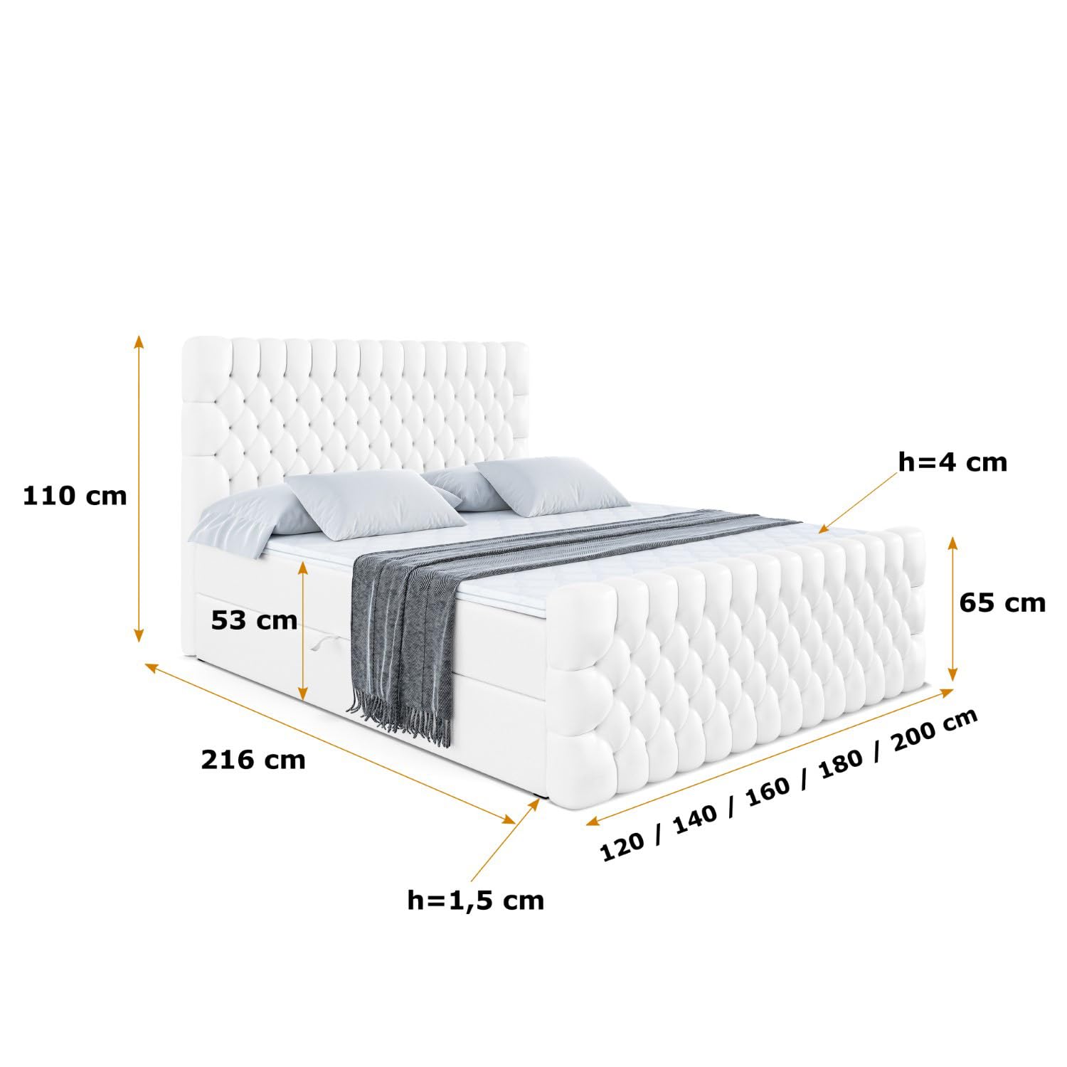 ALTDECOR Boxspringbett mit Matratze und Lattenrost, Boxbett, Topper, Fußteil, Polsterbett mit Bettkasten, Bett mit Stauraum H3-Matratze, Doppelbett, Springboxbett -Serene-Z - 180x200 Weiß Kunstleder